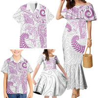 Aotearoa Maori Sea Animals Tribal Family Matching Mermaid Dress and Hawaiian Shirt Manta Ray and Shark Moko Pattern Pink Color