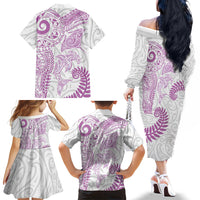 Aotearoa Maori Sea Animals Tribal Family Matching Off The Shoulder Long Sleeve Dress and Hawaiian Shirt Manta Ray and Shark Moko Pattern Pink Color