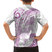 Aotearoa Maori Sea Animals Tribal Family Matching Off Shoulder Maxi Dress and Hawaiian Shirt Manta Ray and Shark Moko Pattern Pink Color