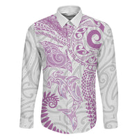 Aotearoa Maori Sea Animals Tribal Family Matching Off Shoulder Maxi Dress and Hawaiian Shirt Manta Ray and Shark Moko Pattern Pink Color