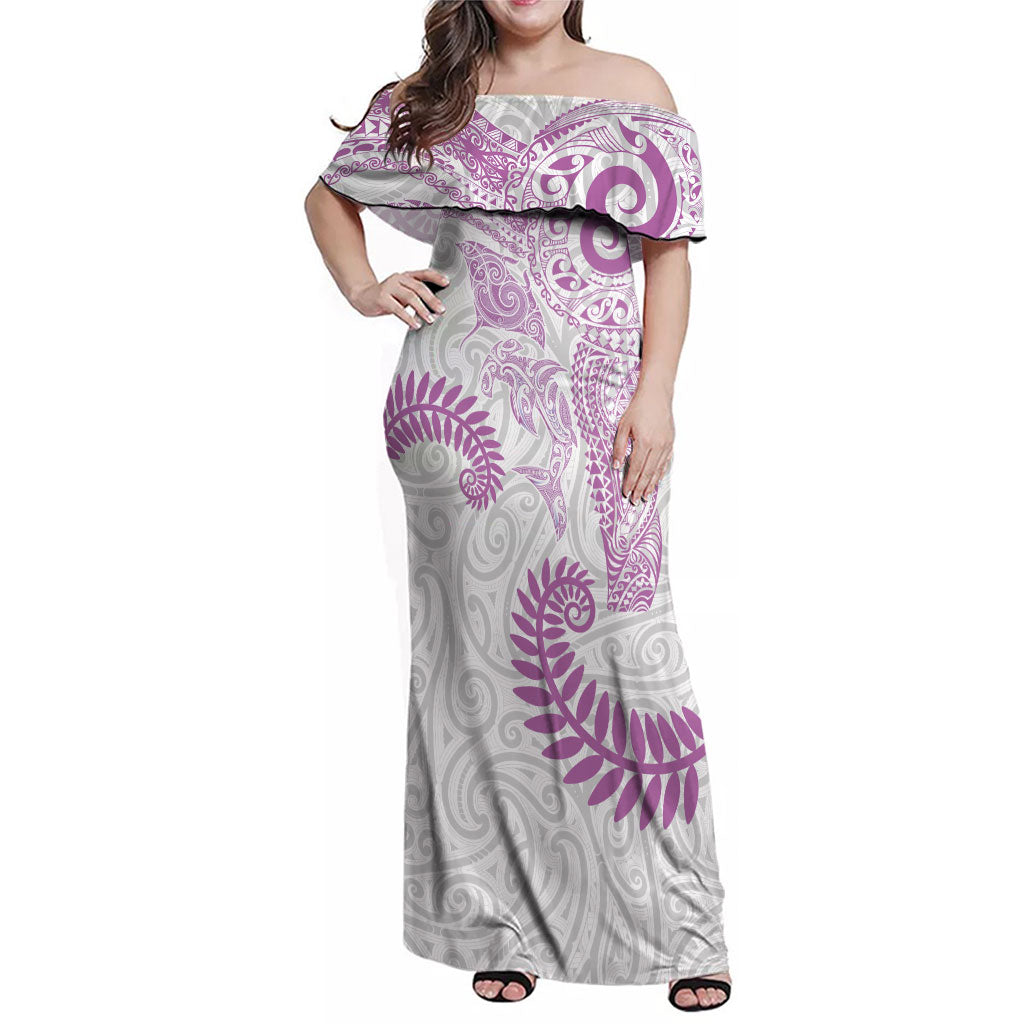 Aotearoa Maori Sea Animals Tribal Family Matching Off Shoulder Maxi Dress and Hawaiian Shirt Manta Ray and Shark Moko Pattern Pink Color