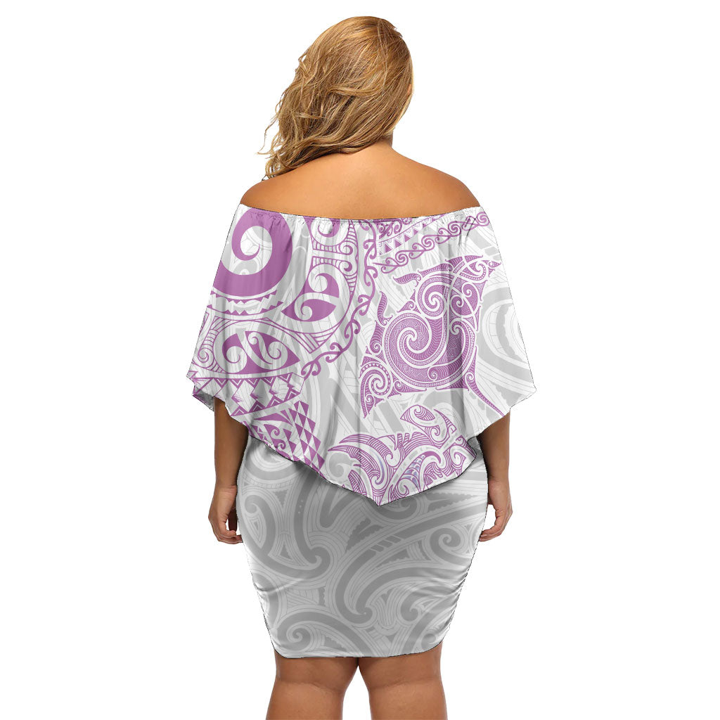 Aotearoa Maori Sea Animals Tribal Family Matching Off Shoulder Short Dress and Hawaiian Shirt Manta Ray and Shark Moko Pattern Pink Color