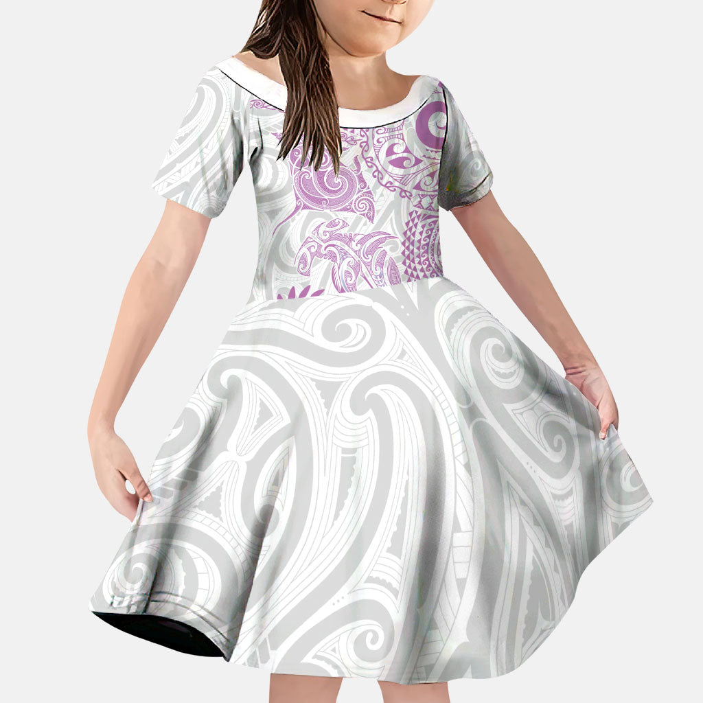 Aotearoa Maori Sea Animals Tribal Family Matching Puletasi and Hawaiian Shirt Manta Ray and Shark Moko Pattern Pink Color