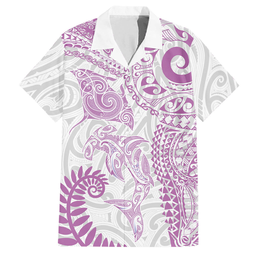 Aotearoa Maori Sea Animals Tribal Family Matching Puletasi and Hawaiian Shirt Manta Ray and Shark Moko Pattern Pink Color