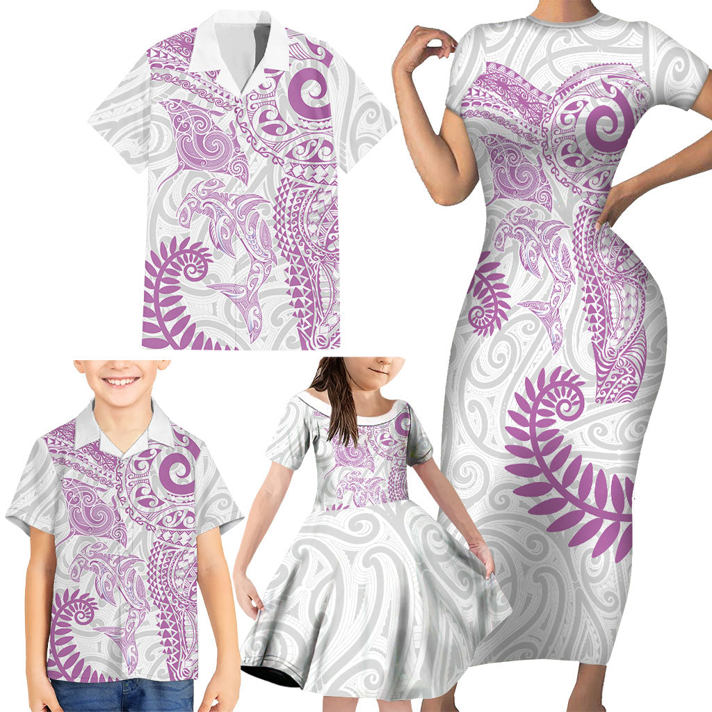Aotearoa Maori Sea Animals Tribal Family Matching Short Sleeve Bodycon Dress and Hawaiian Shirt Manta Ray and Shark Moko Pattern Pink Color