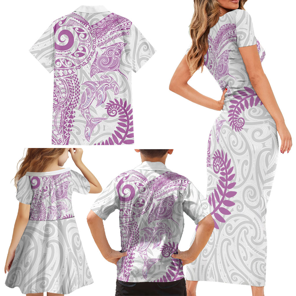 Aotearoa Maori Sea Animals Tribal Family Matching Short Sleeve Bodycon Dress and Hawaiian Shirt Manta Ray and Shark Moko Pattern Pink Color