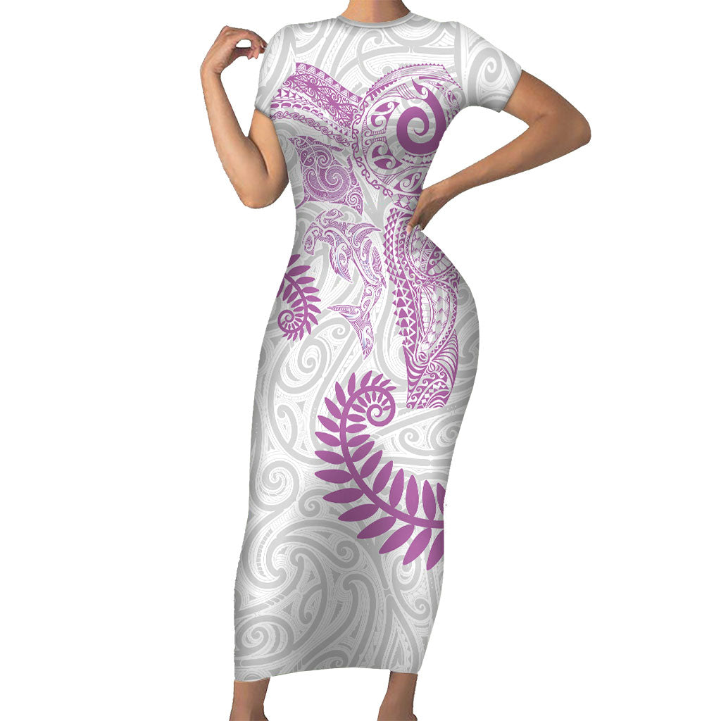 Aotearoa Maori Sea Animals Tribal Family Matching Short Sleeve Bodycon Dress and Hawaiian Shirt Manta Ray and Shark Moko Pattern Pink Color