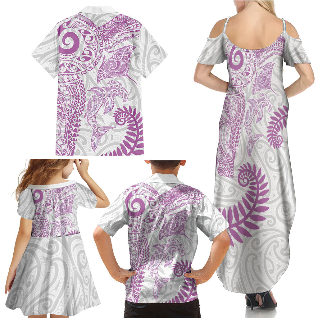 Aotearoa Maori Sea Animals Tribal Family Matching Summer Maxi Dress and Hawaiian Shirt Manta Ray and Shark Moko Pattern Pink Color