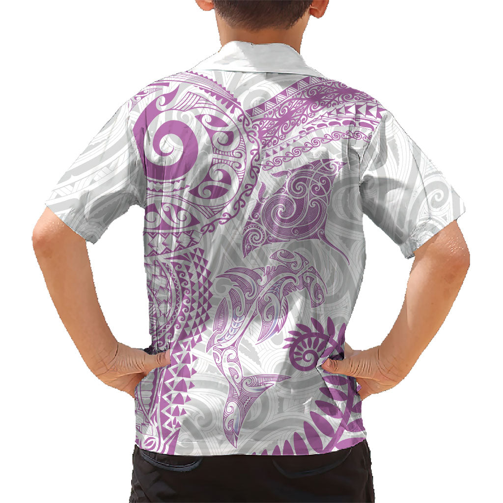 Aotearoa Maori Sea Animals Tribal Family Matching Tank Maxi Dress and Hawaiian Shirt Manta Ray and Shark Moko Pattern Pink Color