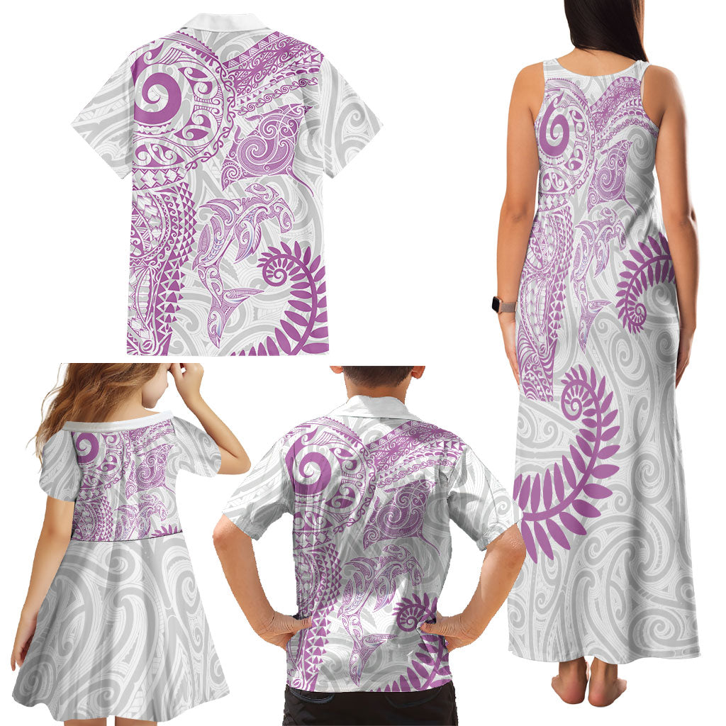 Aotearoa Maori Sea Animals Tribal Family Matching Tank Maxi Dress and Hawaiian Shirt Manta Ray and Shark Moko Pattern Pink Color