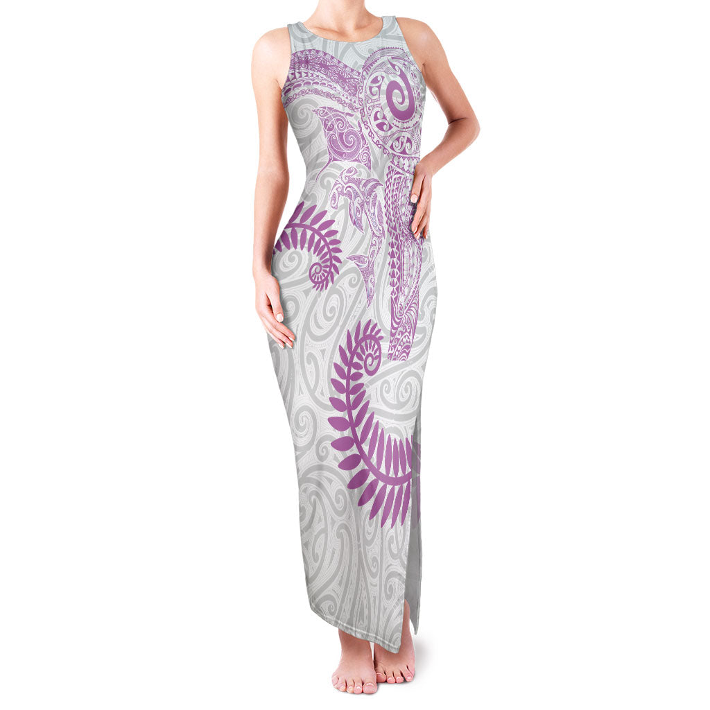 Aotearoa Maori Sea Animals Tribal Family Matching Tank Maxi Dress and Hawaiian Shirt Manta Ray and Shark Moko Pattern Pink Color