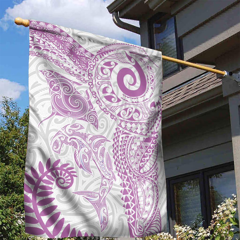 Aotearoa Maori Sea Animals Tribal Garden Flag Manta Ray and Shark Moko Pattern Pink Color