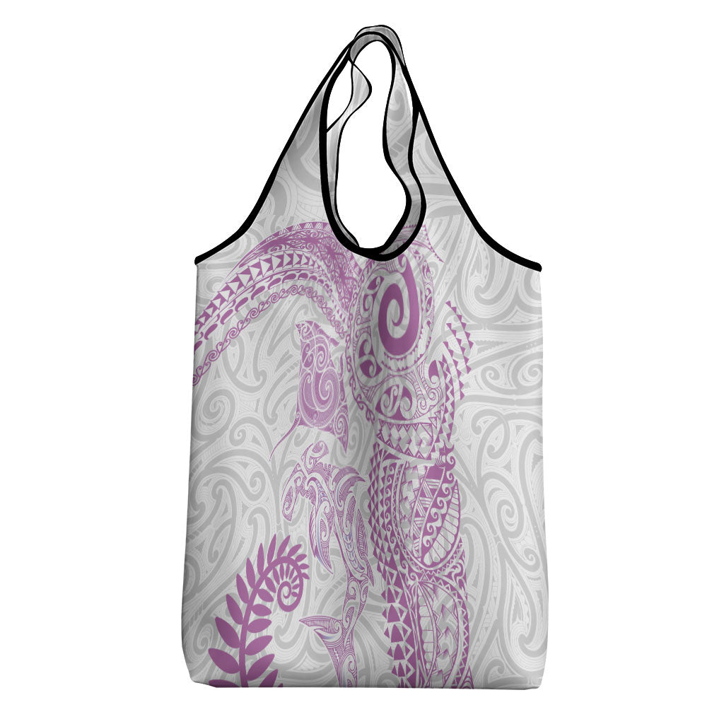 Aotearoa Maori Sea Animals Tribal Grocery Bag Manta Ray and Shark Moko Pattern Pink Color