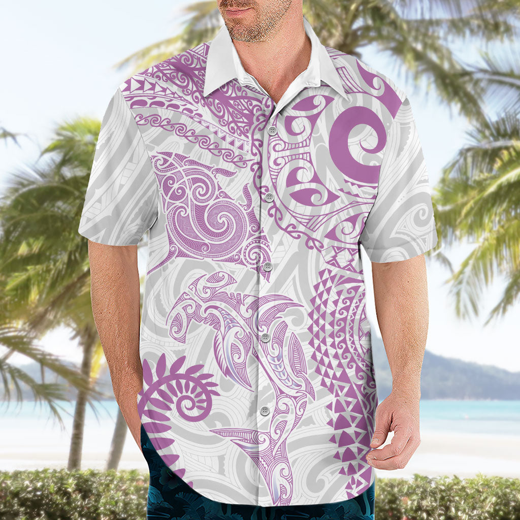 Aotearoa Maori Sea Animals Tribal Hawaiian Shirt Manta Ray and Shark Moko Pattern Pink Color