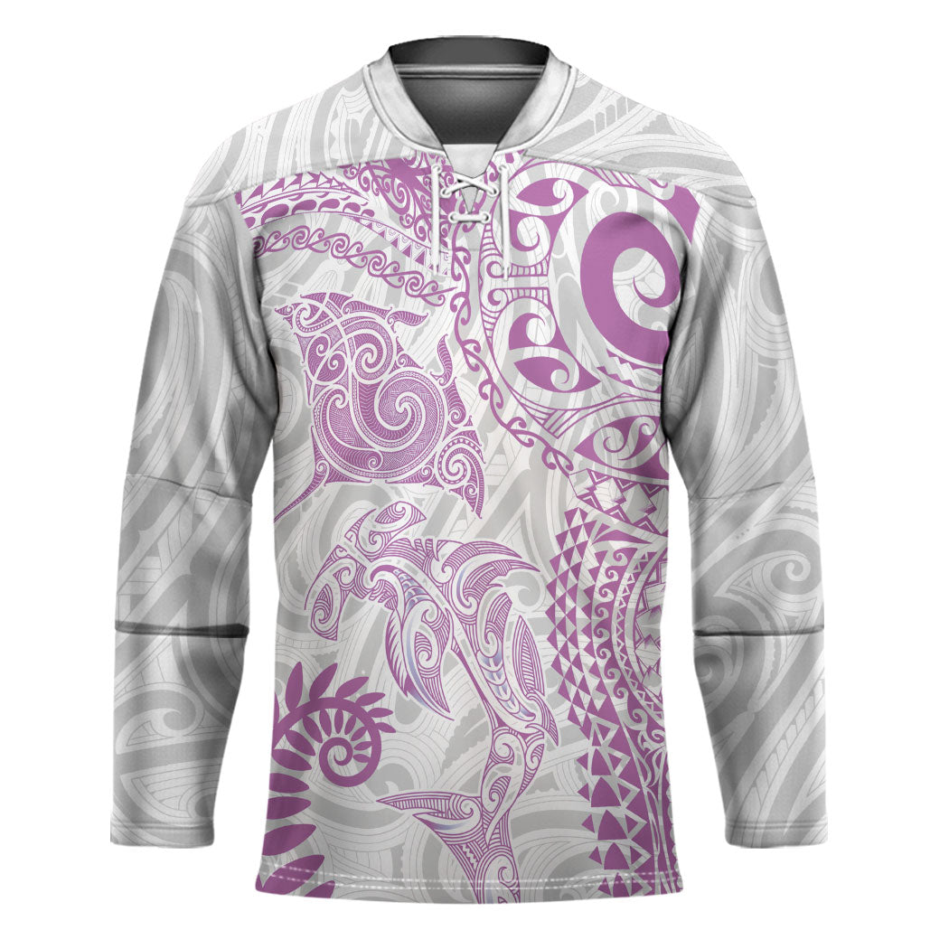Aotearoa Maori Sea Animals Tribal Hockey Jersey Manta Ray and Shark Moko Pattern Pink Color