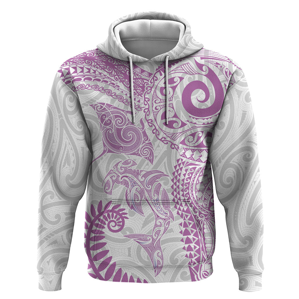 Aotearoa Maori Sea Animals Tribal Hoodie Manta Ray and Shark Moko Pattern Pink Color LT03 Pullover Hoodie Pink - Polynesian Pride