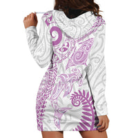 Aotearoa Maori Sea Animals Tribal Hoodie Dress Manta Ray and Shark Moko Pattern Pink Color