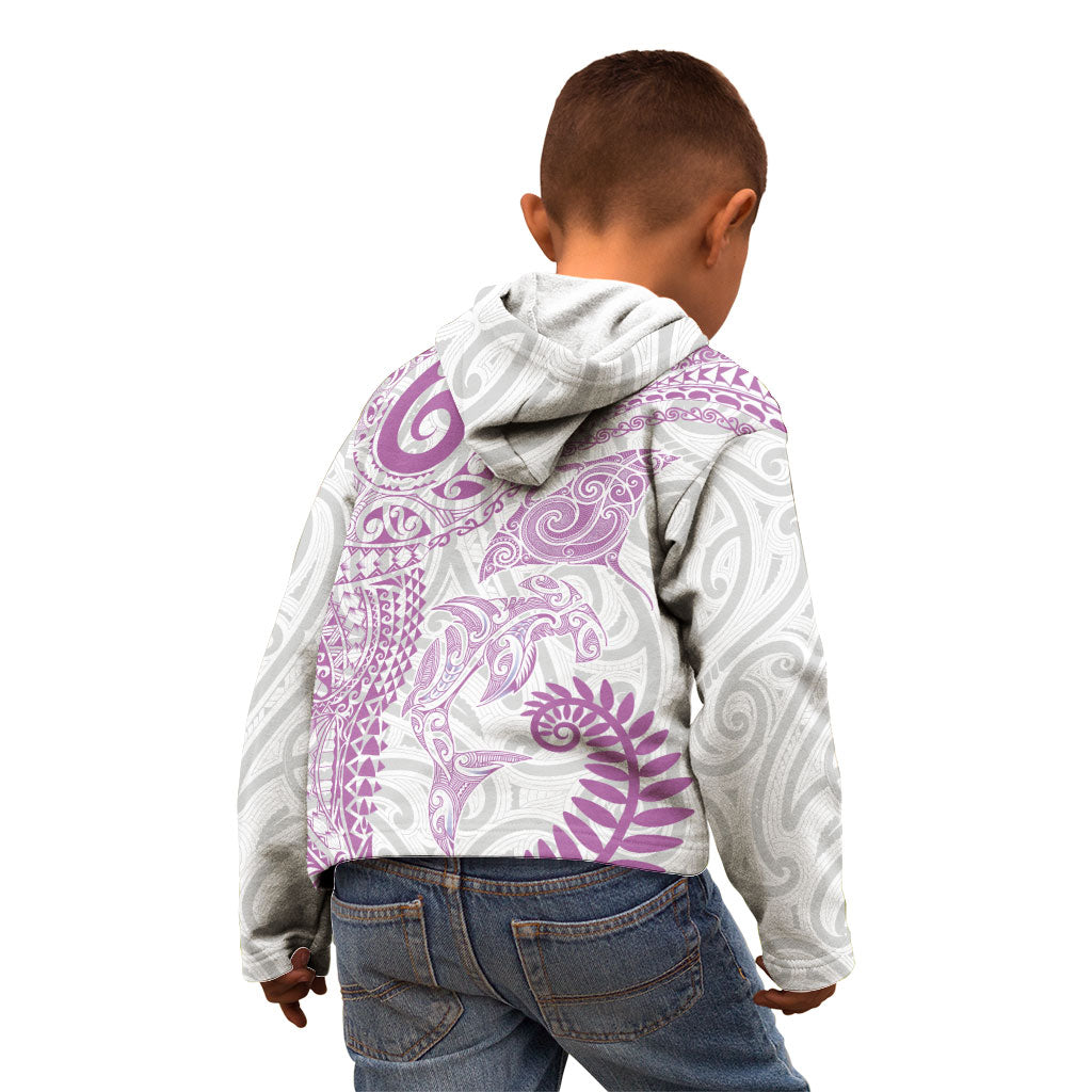 Aotearoa Maori Sea Animals Tribal Kid Hoodie Manta Ray and Shark Moko Pattern Pink Color