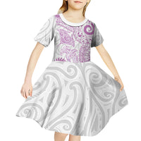 Aotearoa Maori Sea Animals Tribal Kid Short Sleeve Dress Manta Ray and Shark Moko Pattern Pink Color