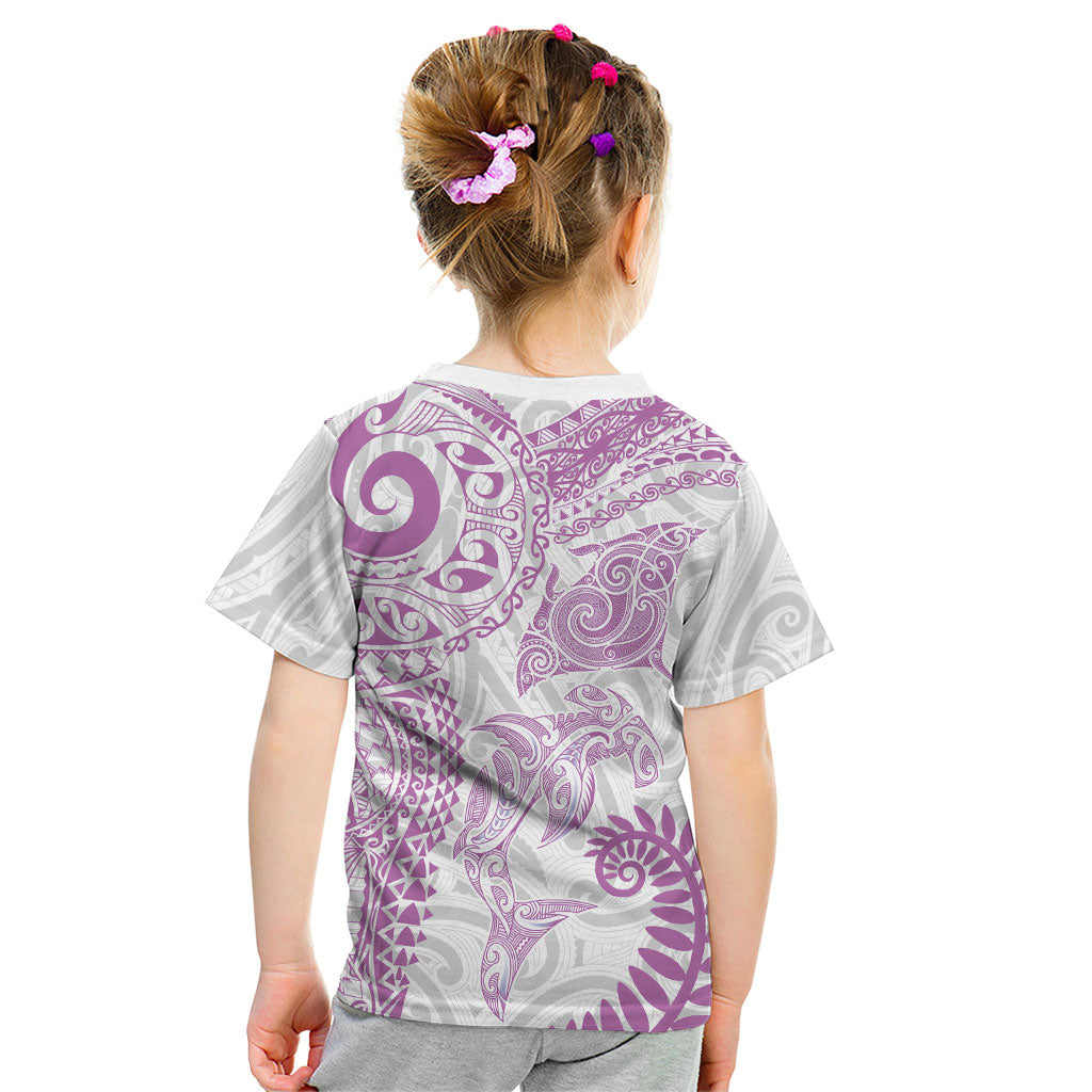 Aotearoa Maori Sea Animals Tribal Kid T Shirt Manta Ray and Shark Moko Pattern Pink Color