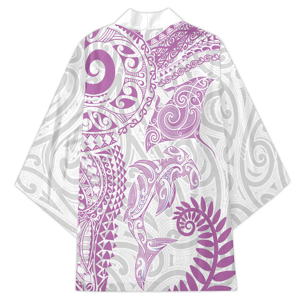 Aotearoa Maori Sea Animals Tribal Kimono Manta Ray and Shark Moko Pattern Pink Color