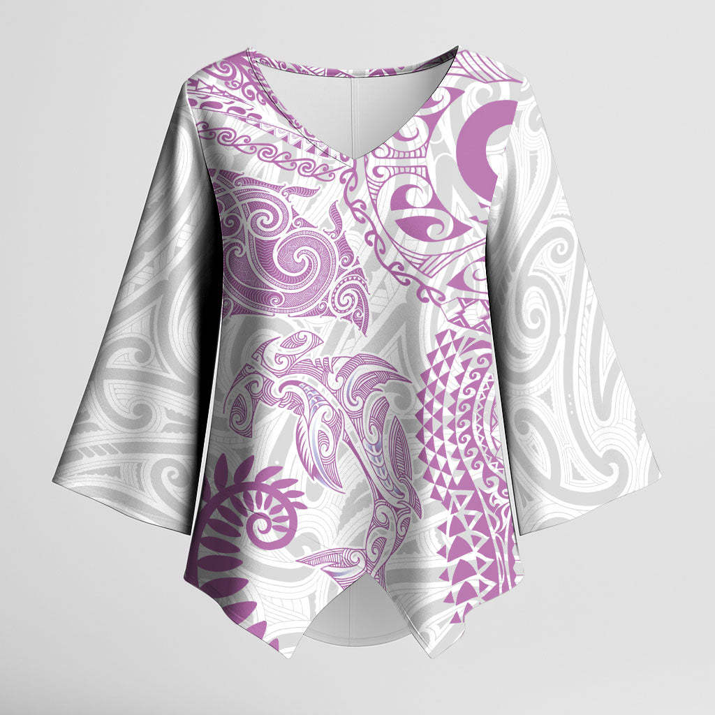 Aotearoa Maori Sea Animals Tribal Kimono Sleeve Blouse Manta Ray and Shark Moko Pattern Pink Color