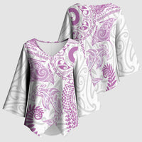 Aotearoa Maori Sea Animals Tribal Kimono Sleeve Blouse Manta Ray and Shark Moko Pattern Pink Color
