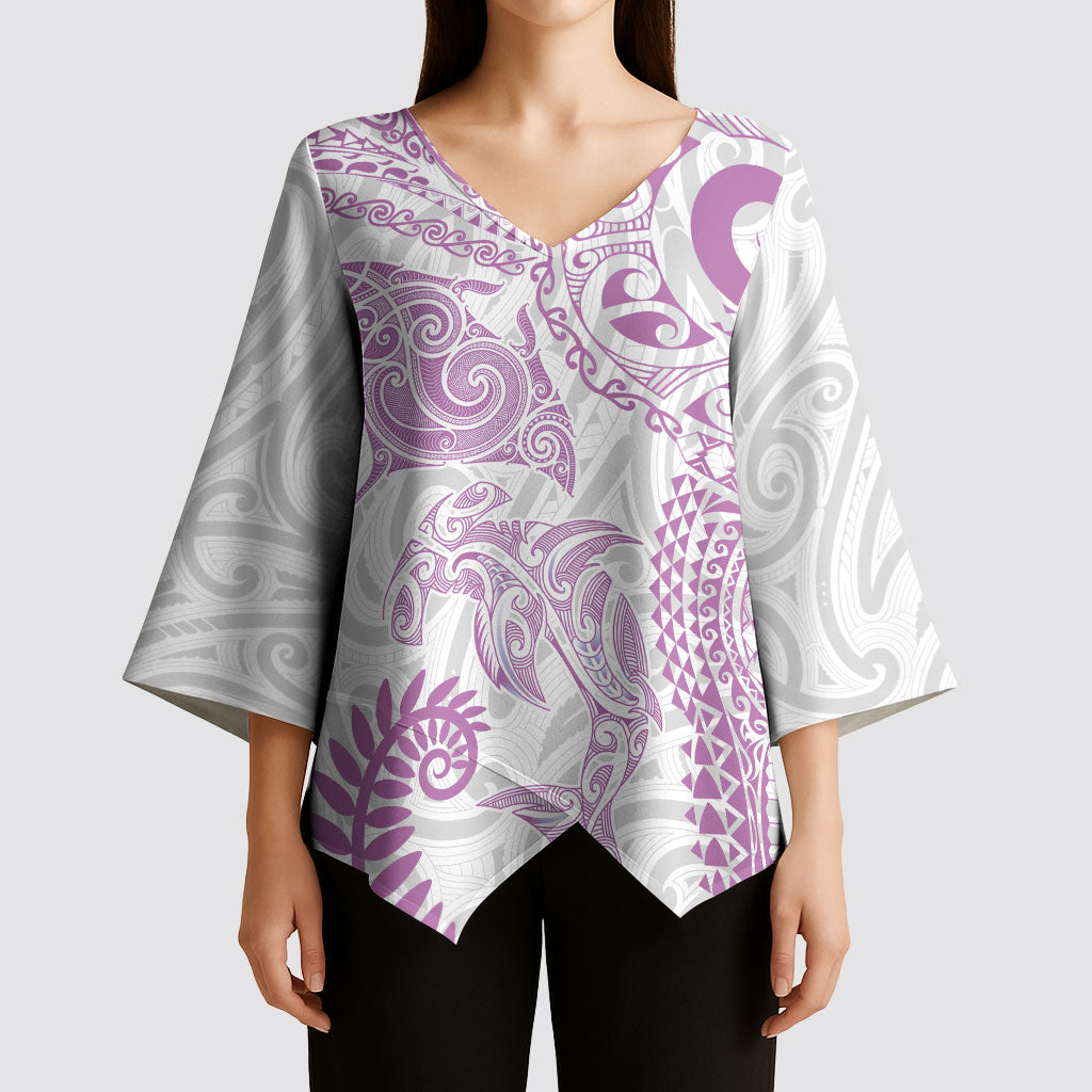 Aotearoa Maori Sea Animals Tribal Kimono Sleeve Blouse Manta Ray and Shark Moko Pattern Pink Color