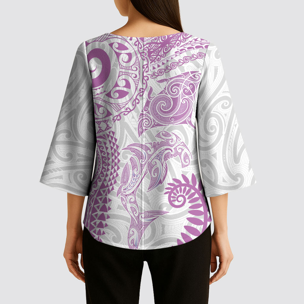 Aotearoa Maori Sea Animals Tribal Kimono Sleeve Blouse Manta Ray and Shark Moko Pattern Pink Color