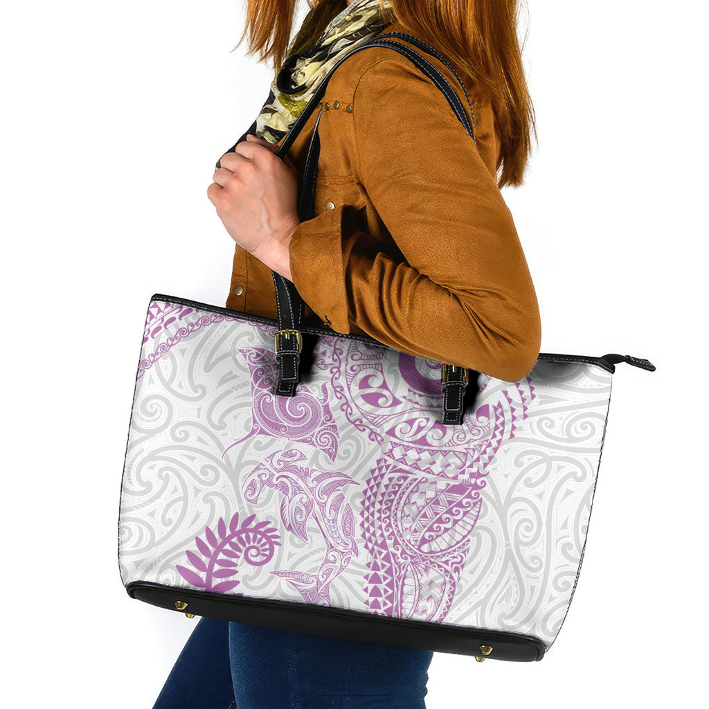 Aotearoa Maori Sea Animals Tribal Leather Tote Bag Manta Ray and Shark Moko Pattern Pink Color