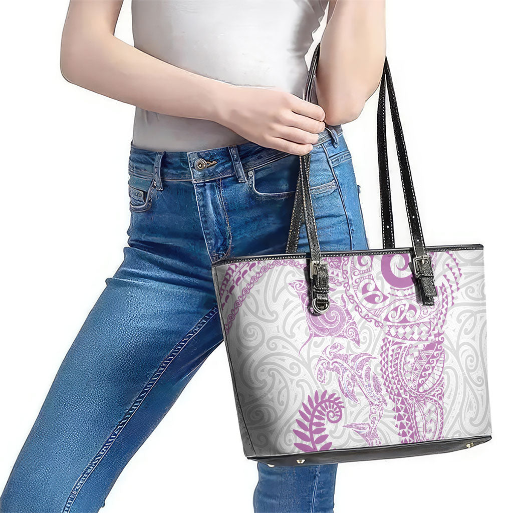 Aotearoa Maori Sea Animals Tribal Leather Tote Bag Manta Ray and Shark Moko Pattern Pink Color