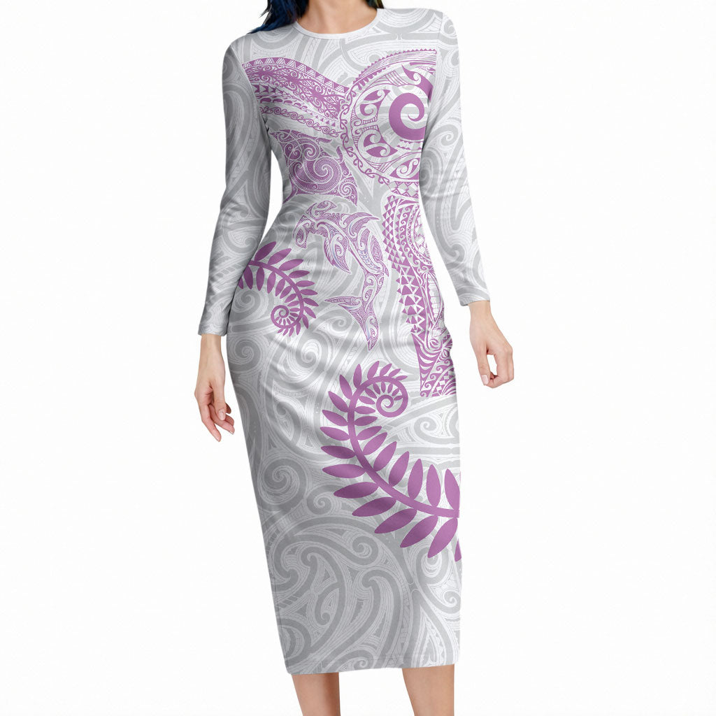 Aotearoa Maori Sea Animals Tribal Long Sleeve Bodycon Dress Manta Ray and Shark Moko Pattern Pink Color LT03 Long Dress Pink - Polynesian Pride