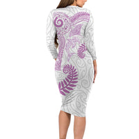 Aotearoa Maori Sea Animals Tribal Long Sleeve Bodycon Dress Manta Ray and Shark Moko Pattern Pink Color