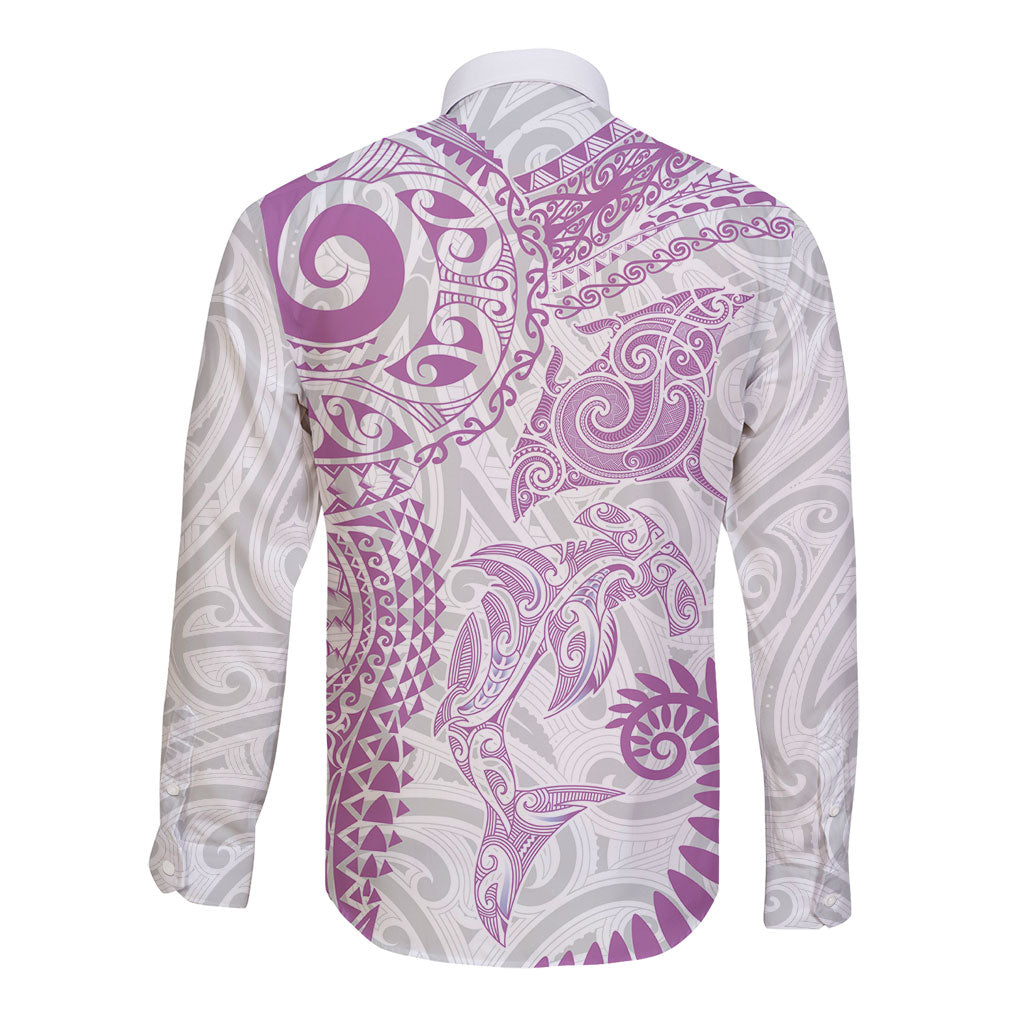 Aotearoa Maori Sea Animals Tribal Long Sleeve Button Shirt Manta Ray and Shark Moko Pattern Pink Color