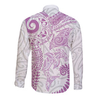 Aotearoa Maori Sea Animals Tribal Long Sleeve Button Shirt Manta Ray and Shark Moko Pattern Pink Color