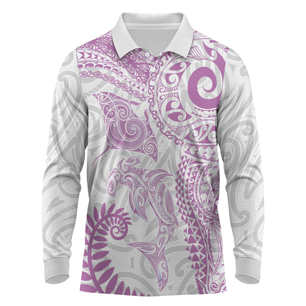 Aotearoa Maori Sea Animals Tribal Long Sleeve Polo Shirt Manta Ray and Shark Moko Pattern Pink Color