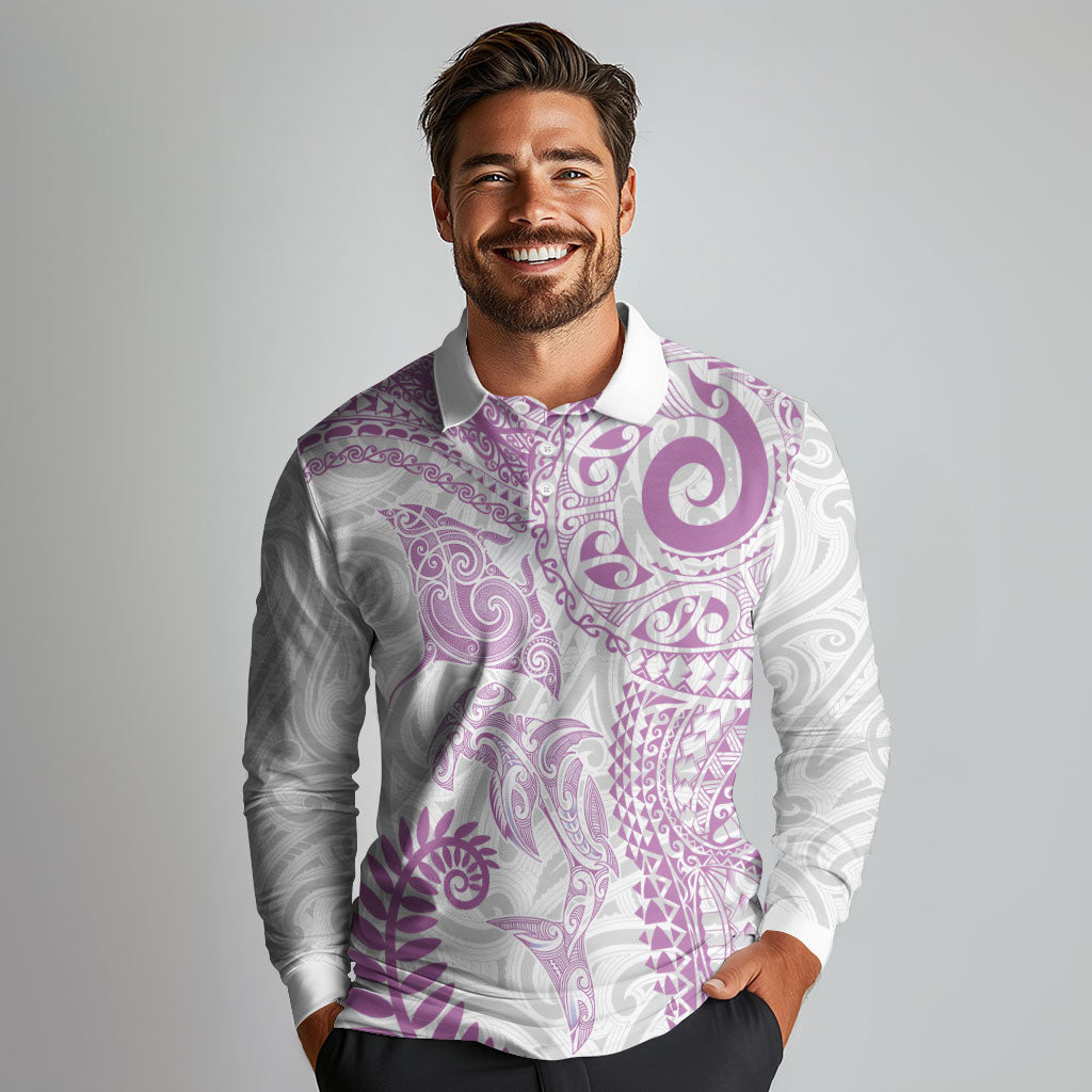 Aotearoa Maori Sea Animals Tribal Long Sleeve Polo Shirt Manta Ray and Shark Moko Pattern Pink Color