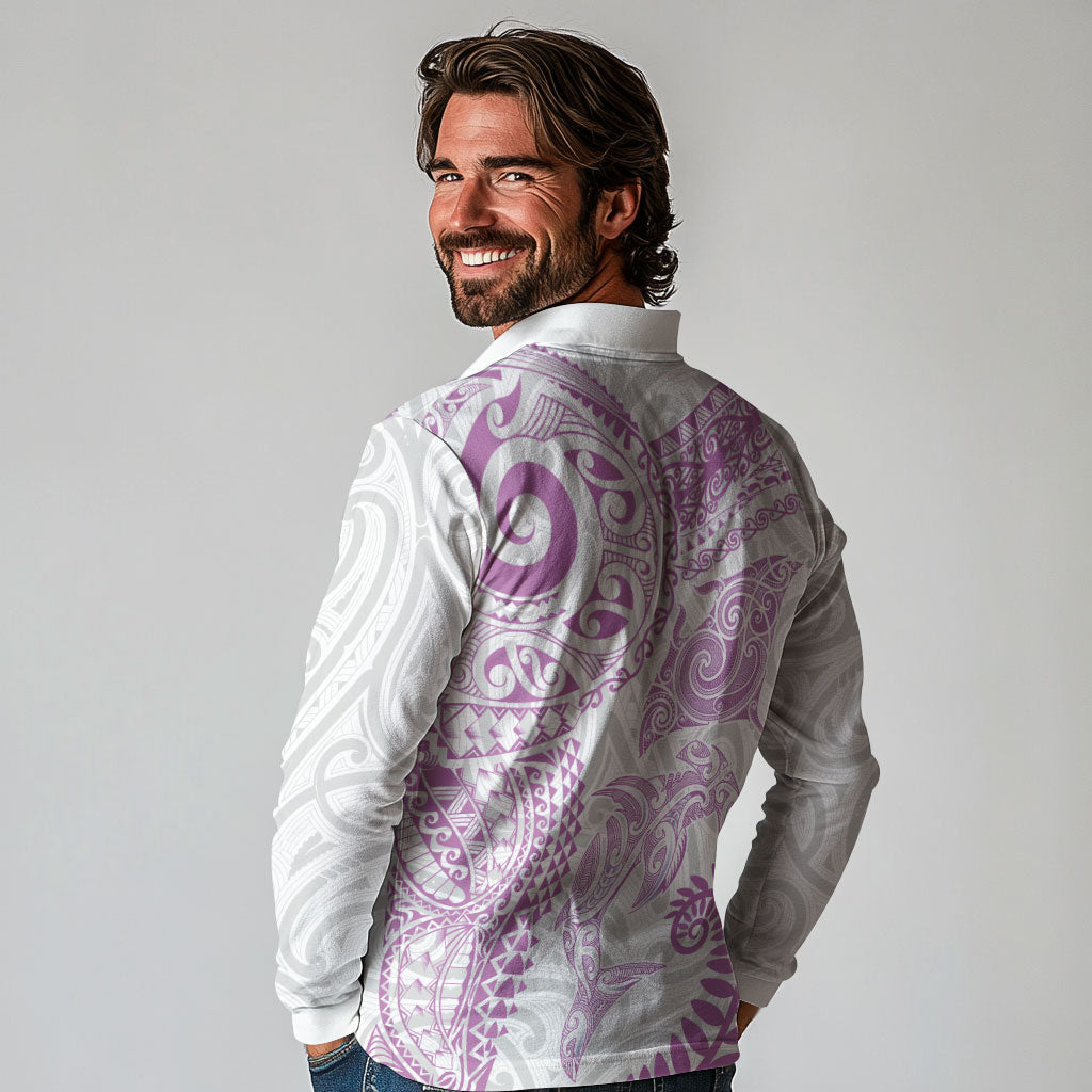 Aotearoa Maori Sea Animals Tribal Long Sleeve Polo Shirt Manta Ray and Shark Moko Pattern Pink Color