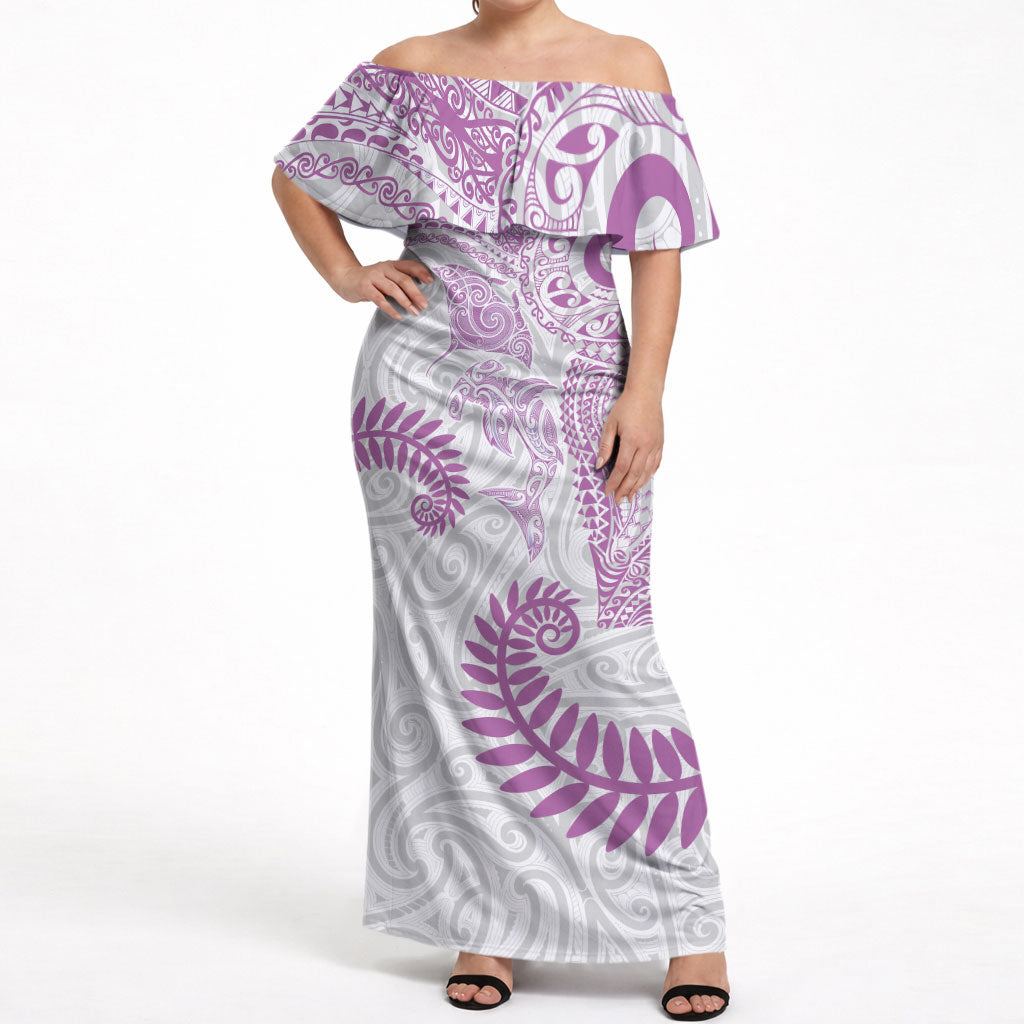 Aotearoa Maori Sea Animals Tribal Off Shoulder Maxi Dress Manta Ray and Shark Moko Pattern Pink Color LT03 Women Pink - Polynesian Pride