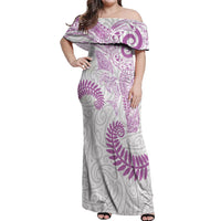 Aotearoa Maori Sea Animals Tribal Off Shoulder Maxi Dress Manta Ray and Shark Moko Pattern Pink Color