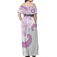 Aotearoa Maori Sea Animals Tribal Off Shoulder Maxi Dress Manta Ray and Shark Moko Pattern Pink Color