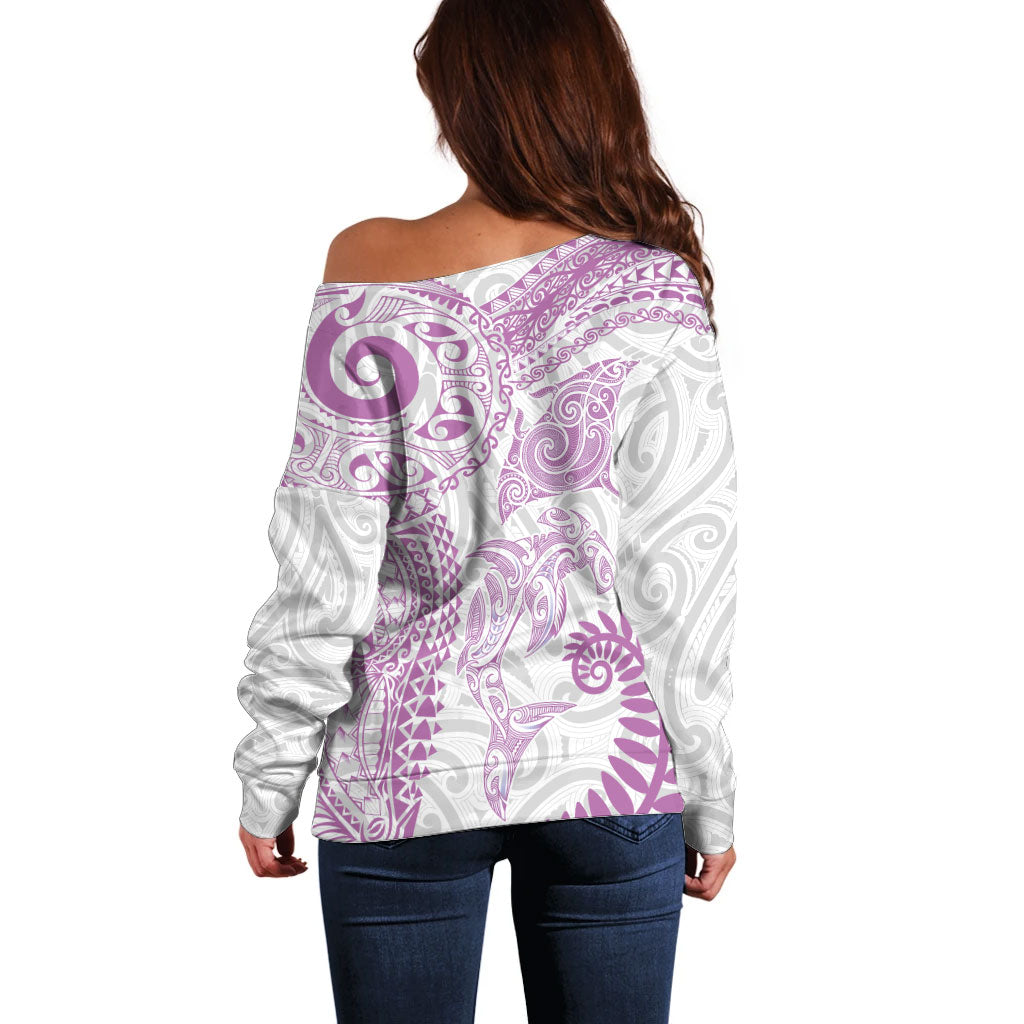 Aotearoa Maori Sea Animals Tribal Off Shoulder Sweater Manta Ray and Shark Moko Pattern Pink Color