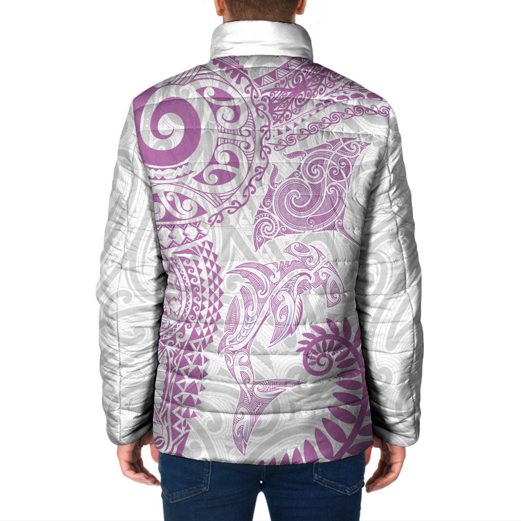 Aotearoa Maori Sea Animals Tribal Padded Jacket Manta Ray and Shark Moko Pattern Pink Color