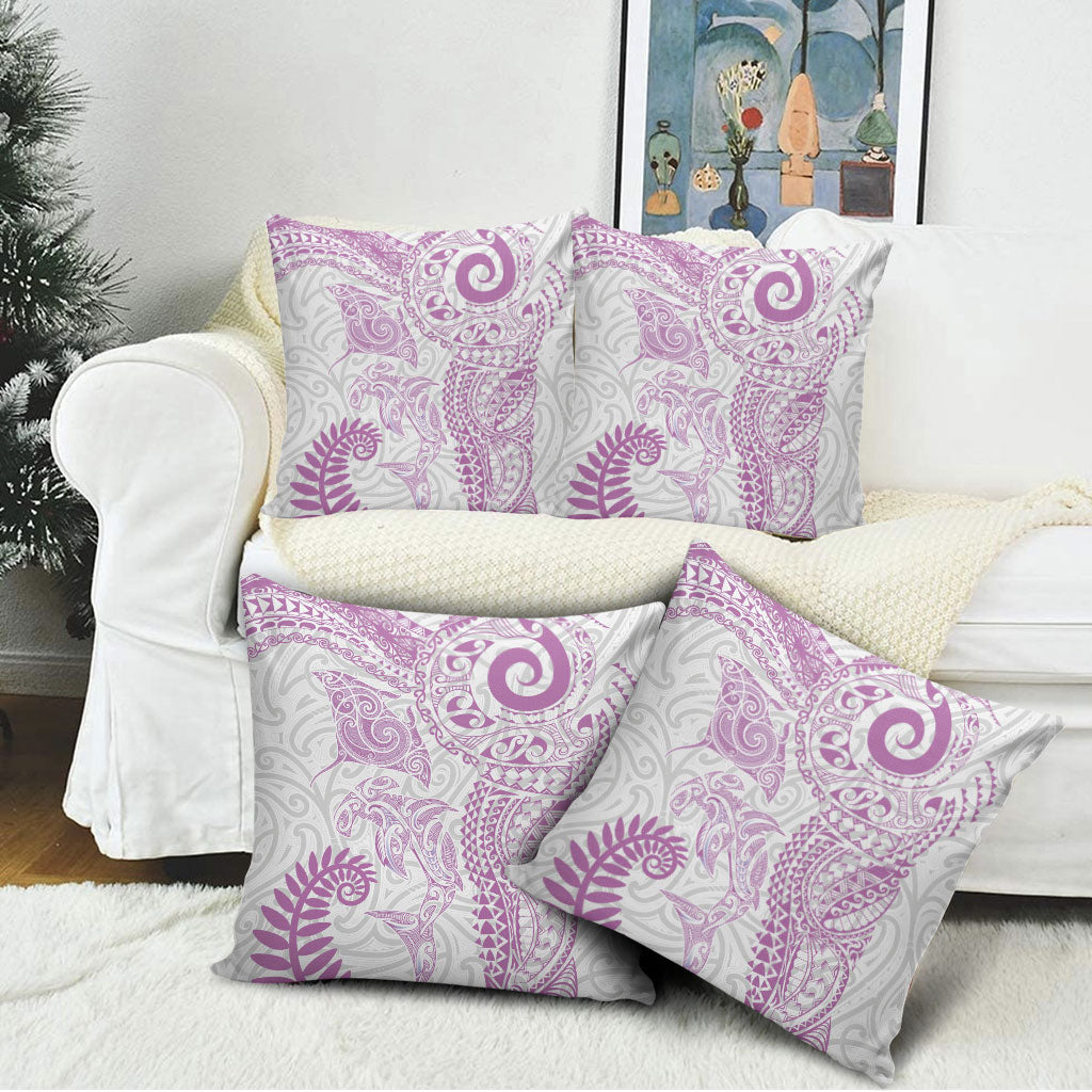 Aotearoa Maori Sea Animals Tribal Pillow Cover Manta Ray and Shark Moko Pattern Pink Color
