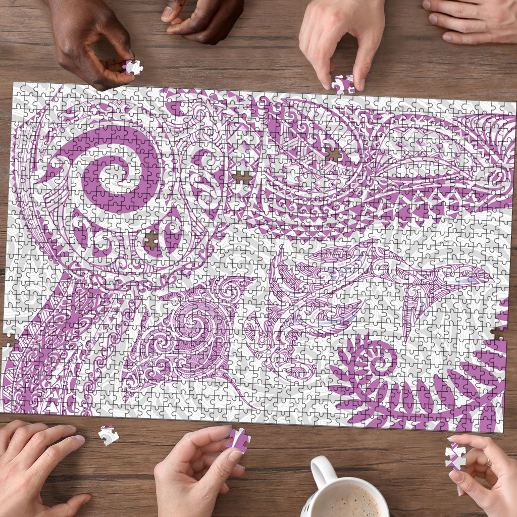 Aotearoa Maori Sea Animals Tribal Puzzle Manta Ray and Shark Moko Pattern Pink Color