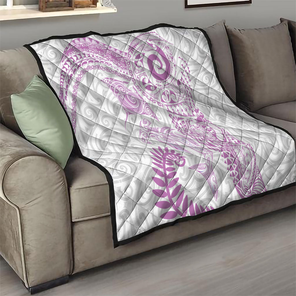 Aotearoa Maori Sea Animals Tribal Quilt Manta Ray and Shark Moko Pattern Pink Color