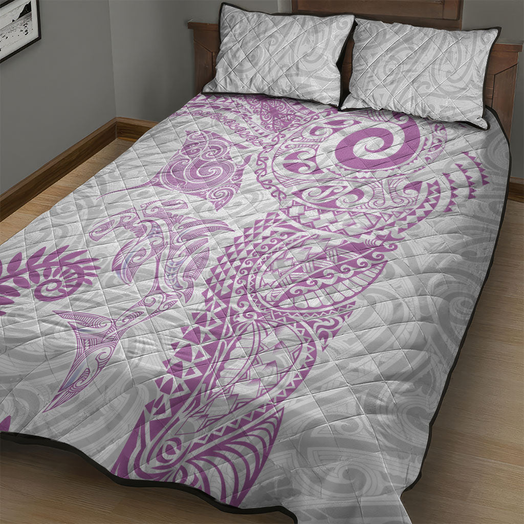 Aotearoa Maori Sea Animals Tribal Quilt Bed Set Manta Ray and Shark Moko Pattern Pink Color