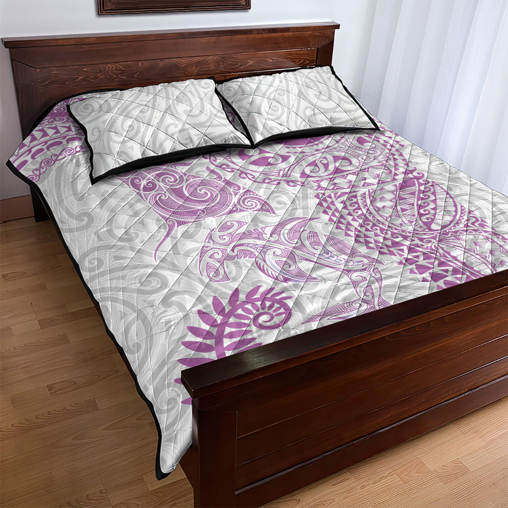 Aotearoa Maori Sea Animals Tribal Quilt Bed Set Manta Ray and Shark Moko Pattern Pink Color