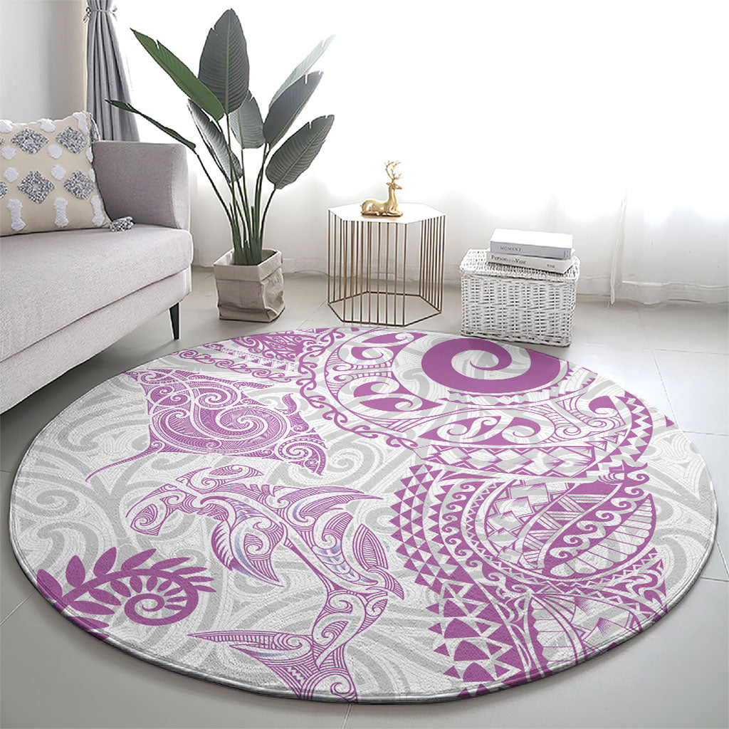 Aotearoa Maori Sea Animals Tribal Round Carpet Manta Ray and Shark Moko Pattern Pink Color