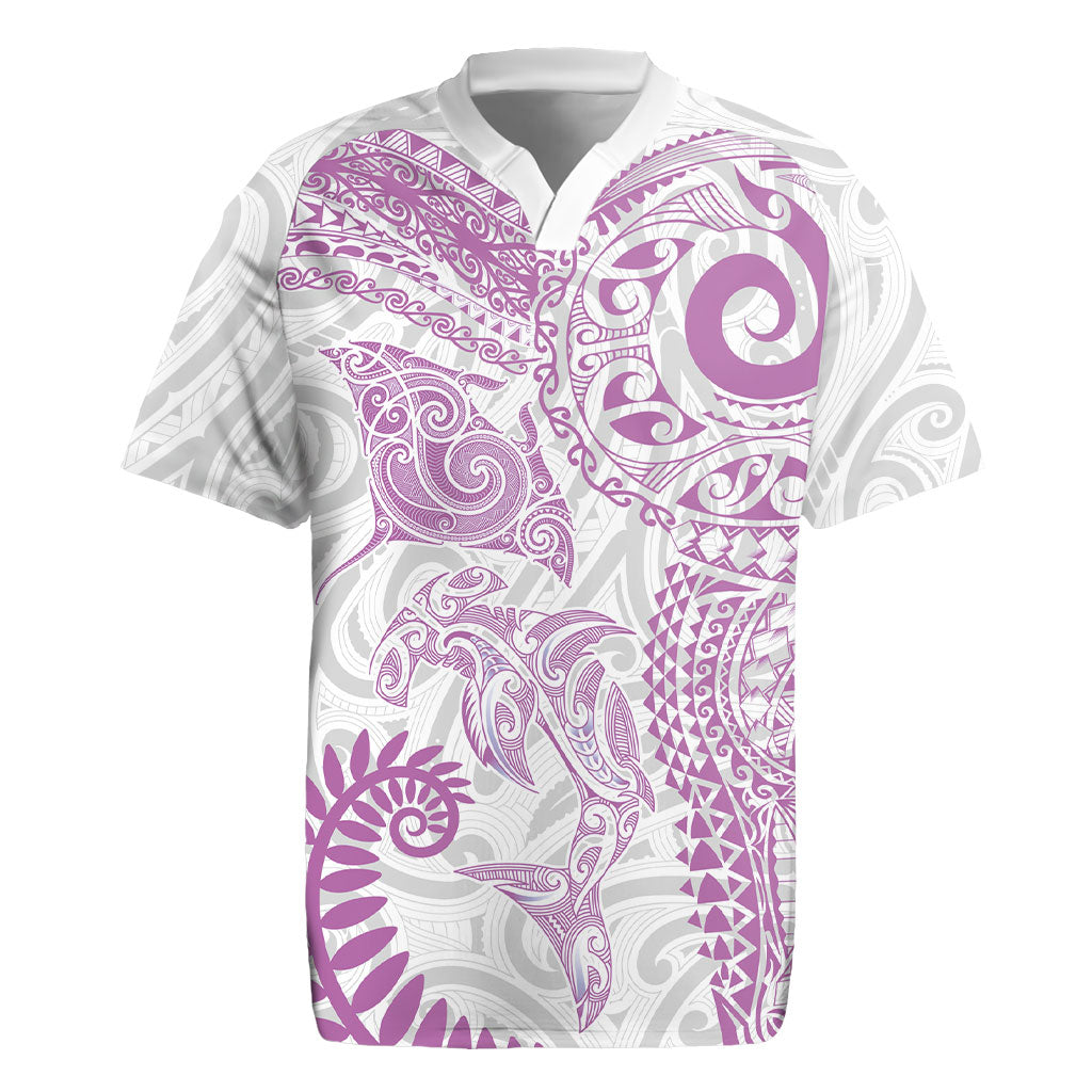 Aotearoa Maori Sea Animals Tribal Rugby Jersey Manta Ray and Shark Moko Pattern Pink Color LT03 Pink - Polynesian Pride